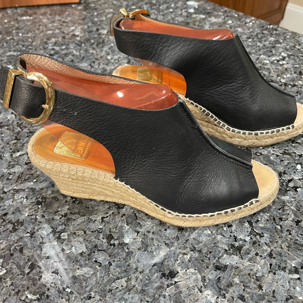 Kanna Spain Soft Black Leather Espadrille Wedges Peep Toe Size 38